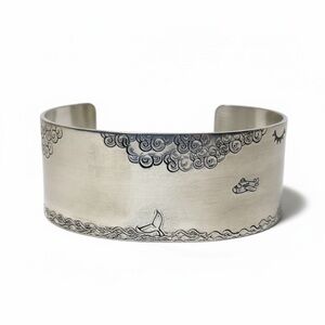 Handmade stamped ocean scene adjustable silver hypoallergenic wide cuff bracelet